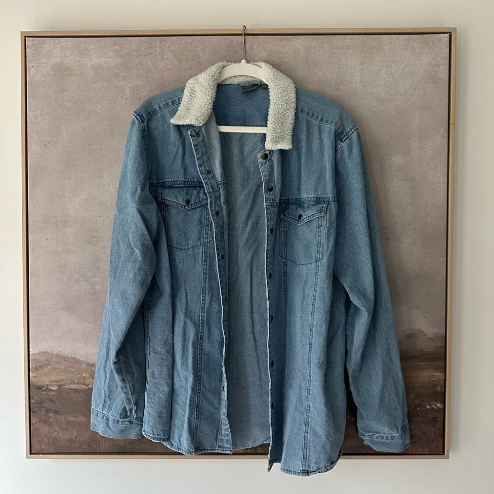 ASOS denim shacket shearling collar denim jacket skirt